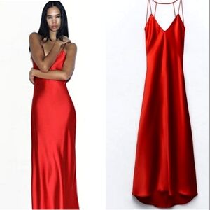 Zara Red Satin Maxi Slip Dress